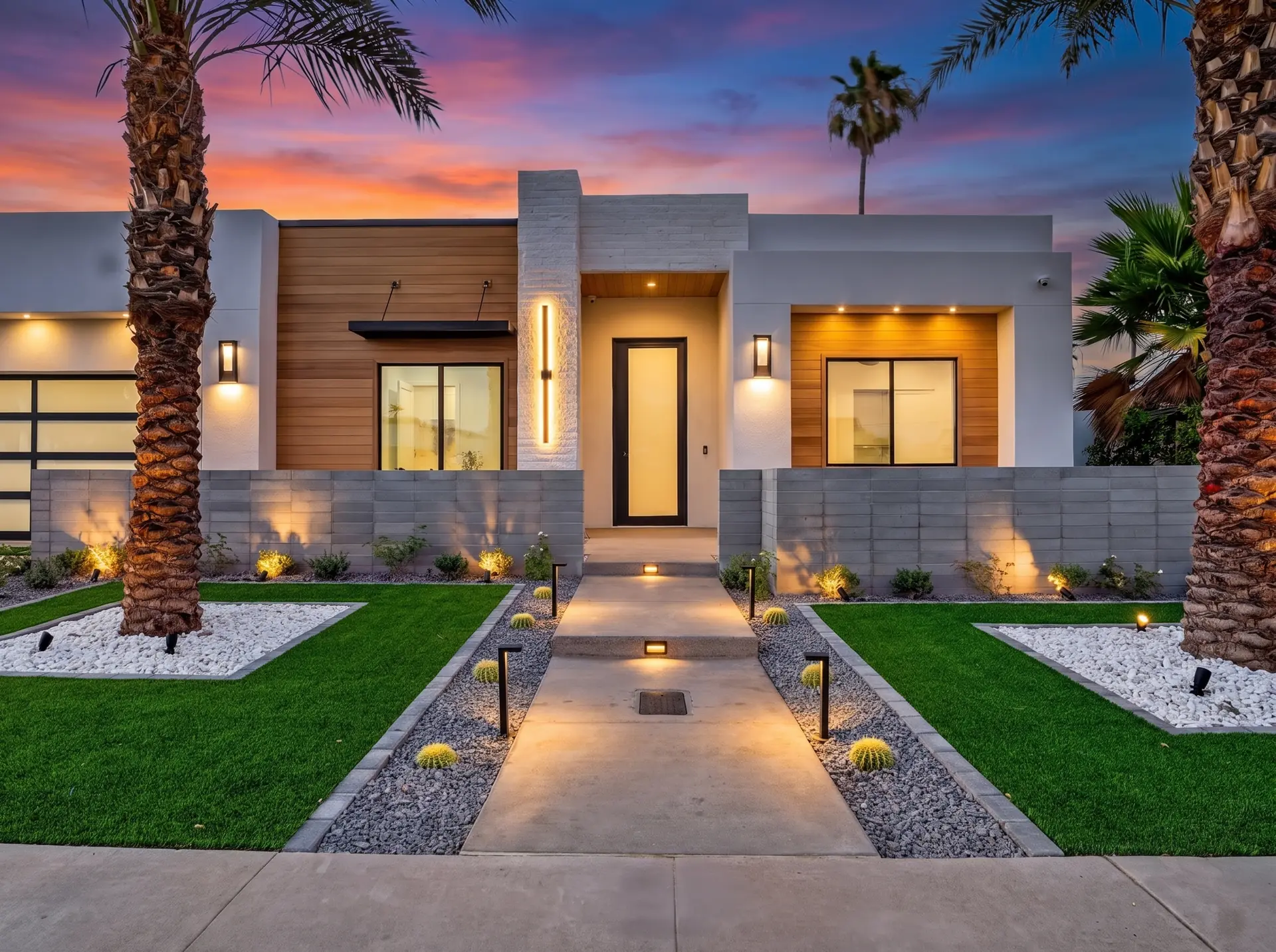 Modern Phoenix home photographed at twilight, landscape lights glowing under a pink sky